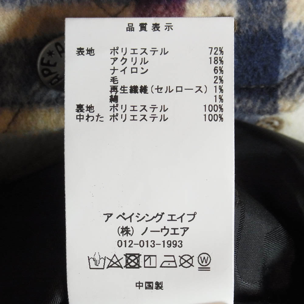 A BATHING APE アベイシングエイプ 23AW 001HJJ801059I LOGO CHECK PATTERN PADDED FLANNEL SHIRT JACKET ロゴ チェック フランネル シャツ ジャケット ライトブラウン系 M【極上美品】【中古】