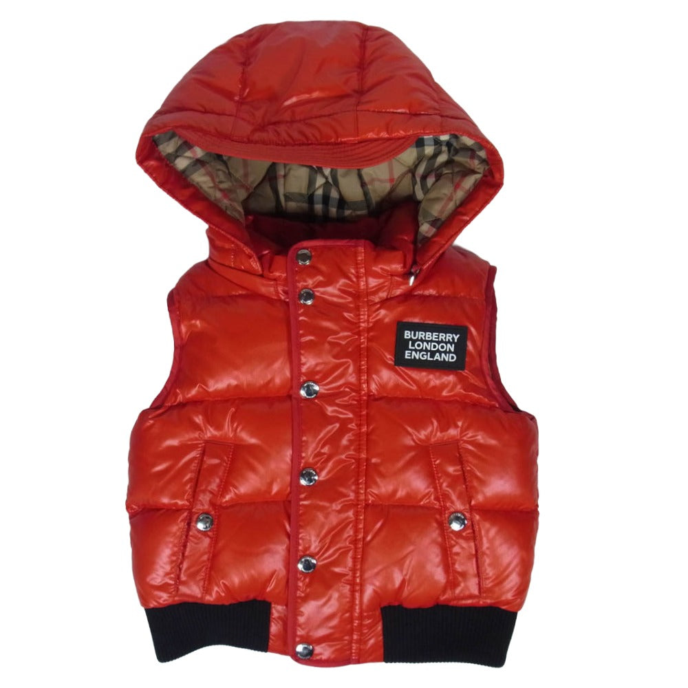 BURBERRY LONDON バーバリー ロンドン 裏地ノバチェック フード付 ラバー ロゴ シャイニー ダウン ベスト レッド系 18M【中古】