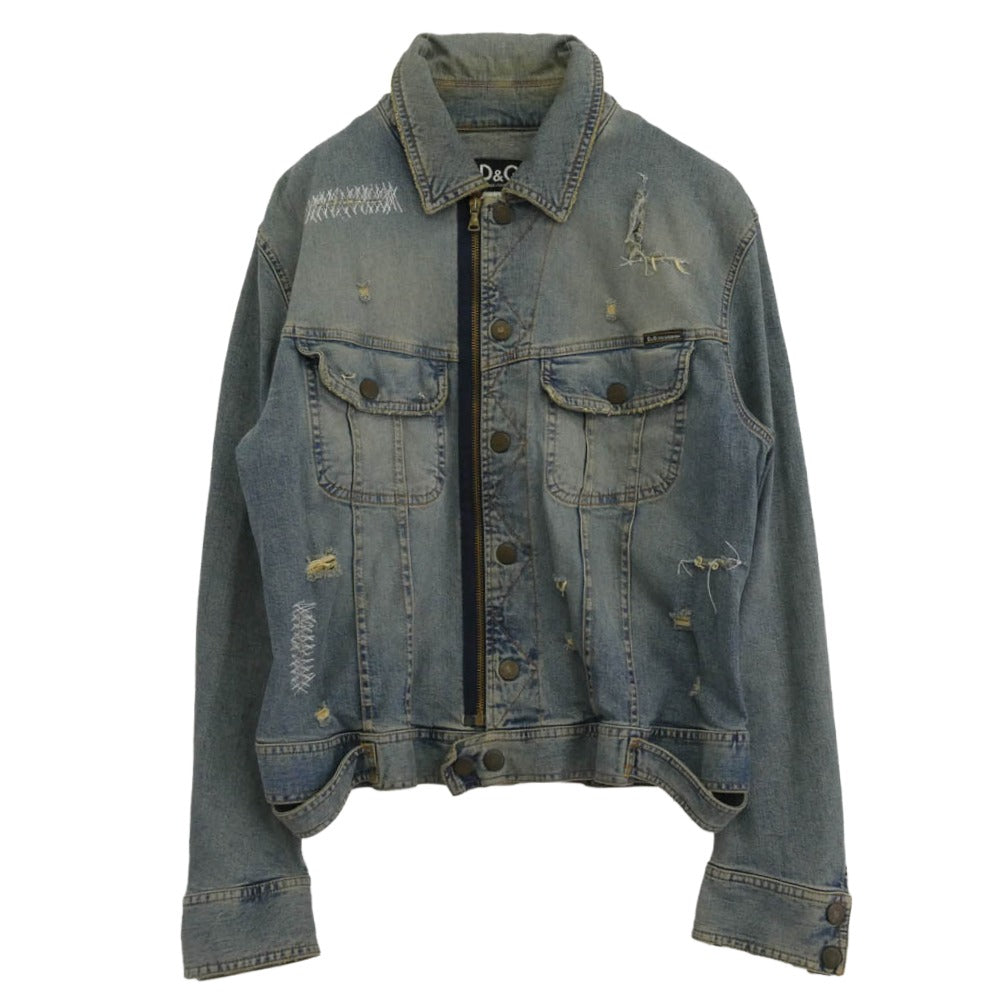 DOLCE&GABBANA ドルチェアンドガッバーナ D＆G ダメージ リペア加工 ジップ デニム ジャケット インディゴブルー系 L【中古】
