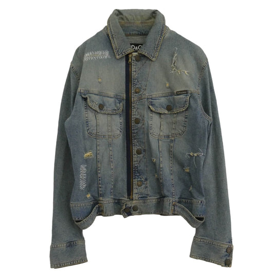 DOLCE&GABBANA ドルチェアンドガッバーナ D＆G ダメージ リペア加工 ジップ デニム ジャケット インディゴブルー系 L【中古】