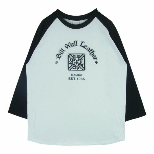 BILL WALL LEATHER ビルウォールレザー マリブクロス ロゴプリント 七分袖 ラグランスリーブ Tシャツ ホワイト系 ブラック系 L【中古】