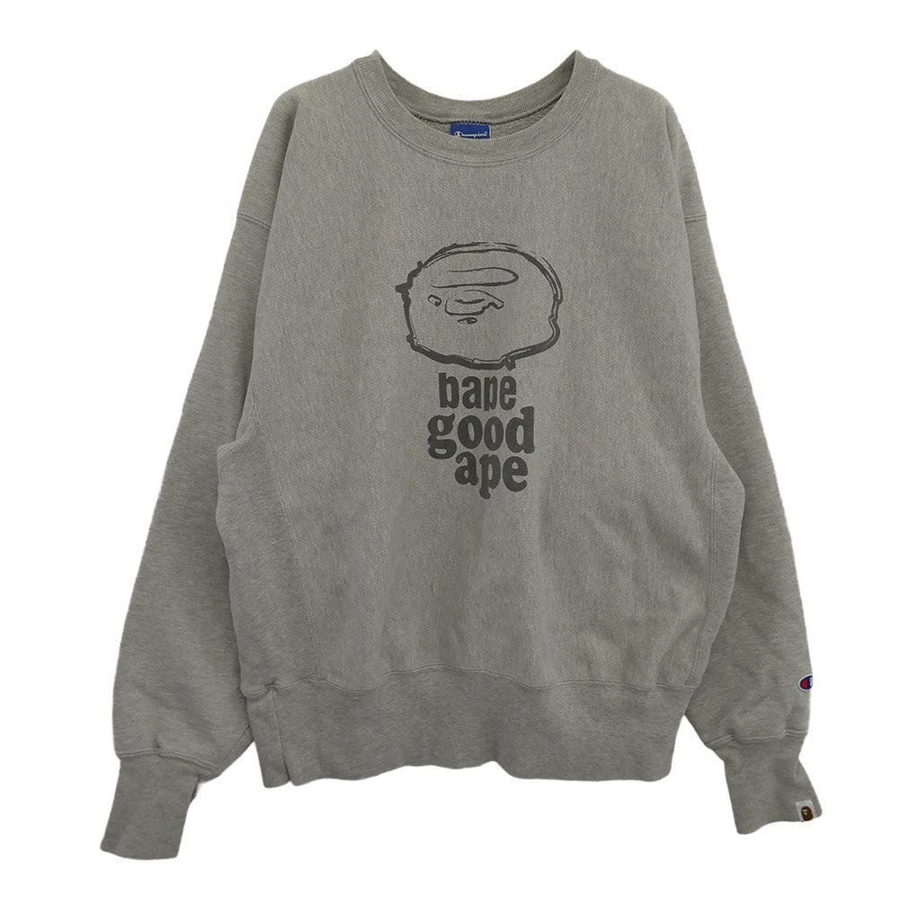 A BATHING APE アベイシングエイプ × Champion REVERSE WEAVE チャンピオン リバースウィーブ bape good ape スウェット トレーナー グレー系 L【中古】