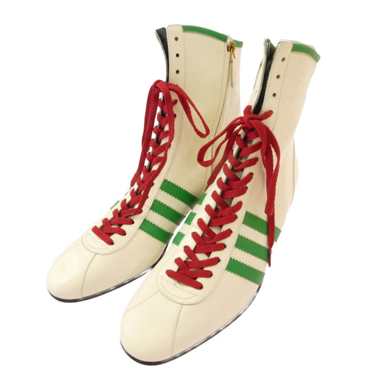 GUCCI グッチ 714871 × adidas アディダス スリーストライプス レザー レースアップ サイドジップ アンクルブーツ ホワイト系 グリーン系 11【中古】
