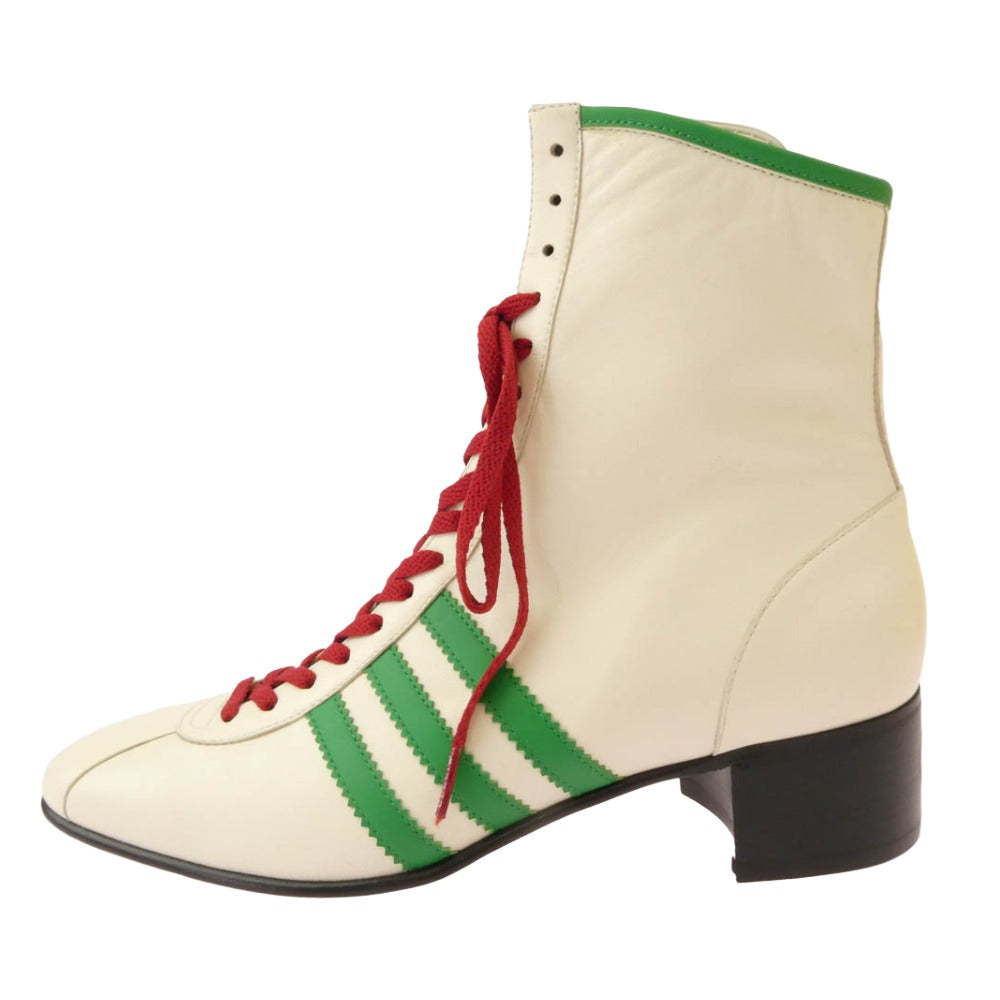 GUCCI グッチ 714871 × adidas アディダス スリーストライプス レザー レースアップ サイドジップ アンクルブーツ ホワイト系 グリーン系 11【中古】