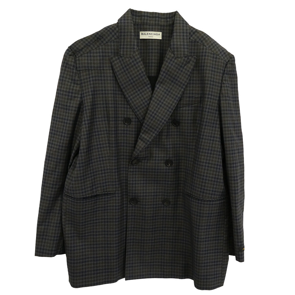BALENCIAGA バレンシアガ 17SS 470537 TVI22 チェック ピークドラペル ダブル ウール テーラード ジャケット グレー系 38【中古】