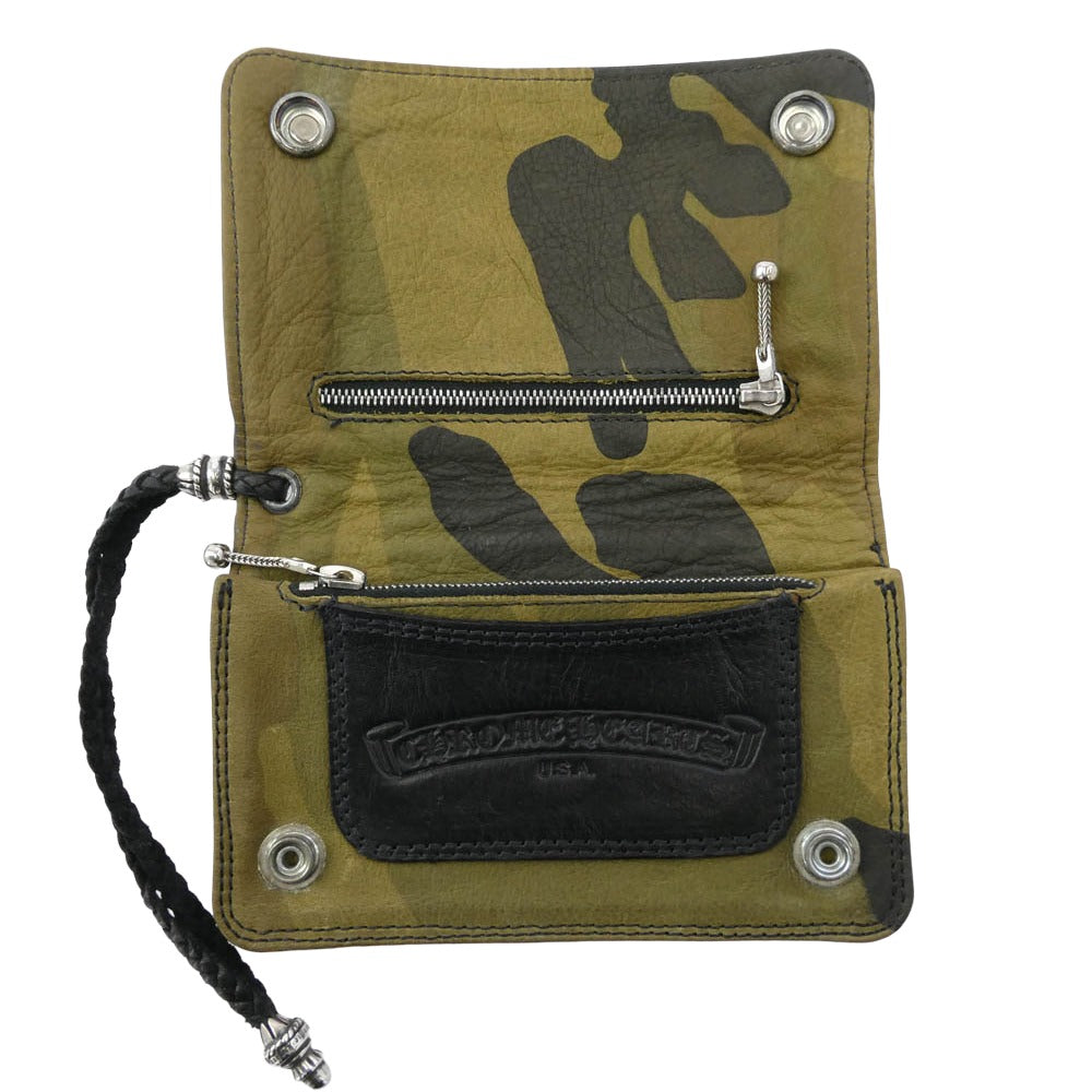 CHROME HEARTS クロムハーツ（原本無） 2ZIP STRAP CAMO 2ジップ レザーストラップ付き カモフラ ウォレット カーキ系【中古】