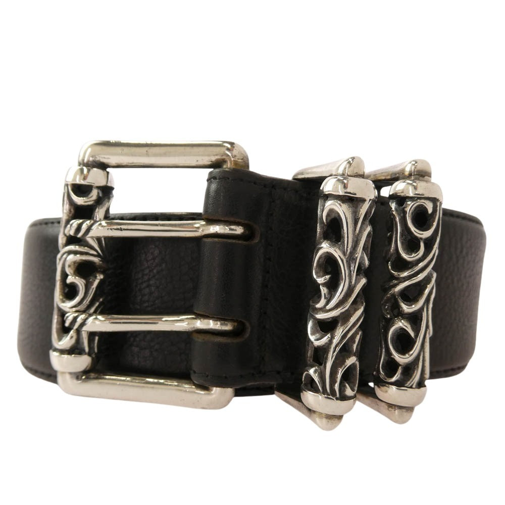 CHROME HEARTS クロムハーツ（原本無） BLT ROLLER 2 3PC 3PC ダブルピン スクロール ローラー バックル レザー ベルト ブラック系 シルバー系 30【中古】