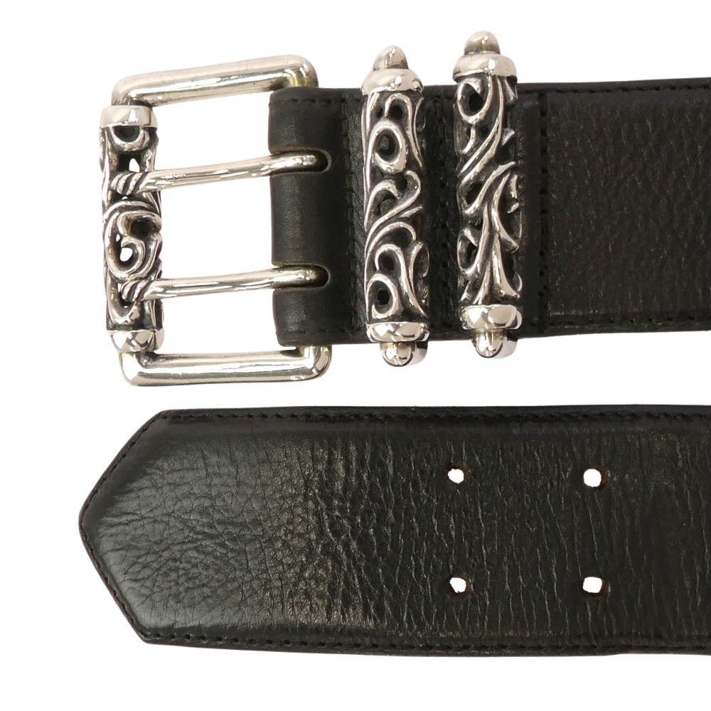 CHROME HEARTS クロムハーツ（原本無） BLT ROLLER 2 3PC 3PC ダブルピン スクロール ローラー バックル レザー ベルト ブラック系 シルバー系 30【中古】