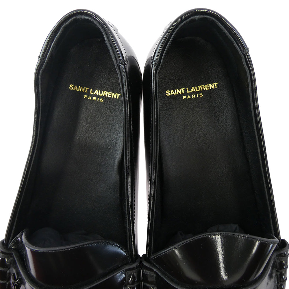 SAINT LAURENT サンローラン 703741 ロゴプレート レザー シューズ ペニーローファー ブラック系 44【極上美品】【中古】