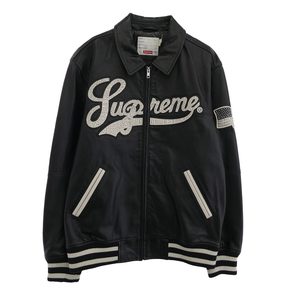 Supreme シュプリーム 16SS ワングラム期 Uptown Studded Leather Varsity Jacket スタッズ ロゴデザイン レザー ジップ バーシティ ジャケット ブラック系 M【中古】