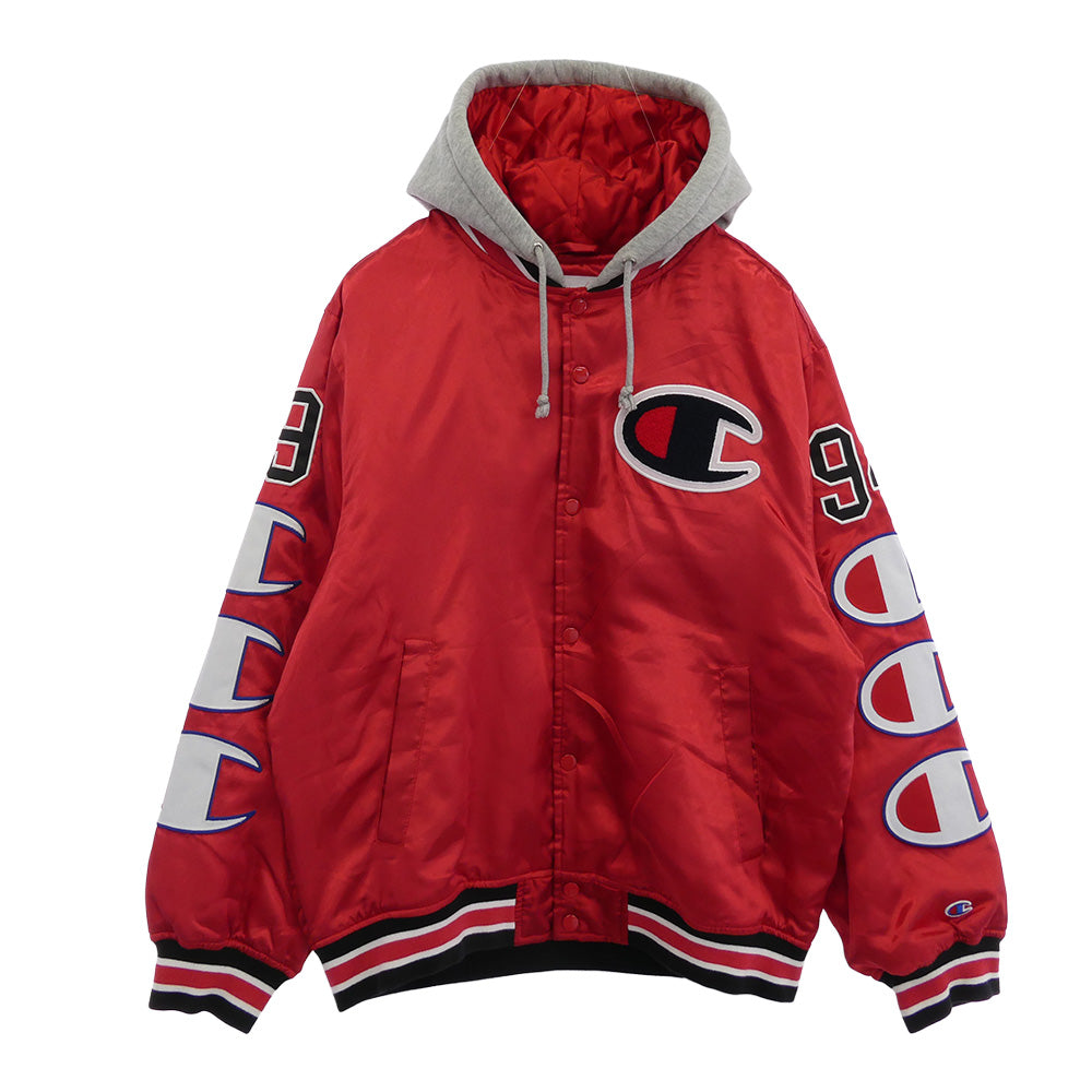 Supreme シュプリーム 18AW Champion チャンピオン HOODED SATIN VARSITY JACKET フーデッド サテン ヴァーシティ ジャケット スタジャン レッド系 M【中古】
