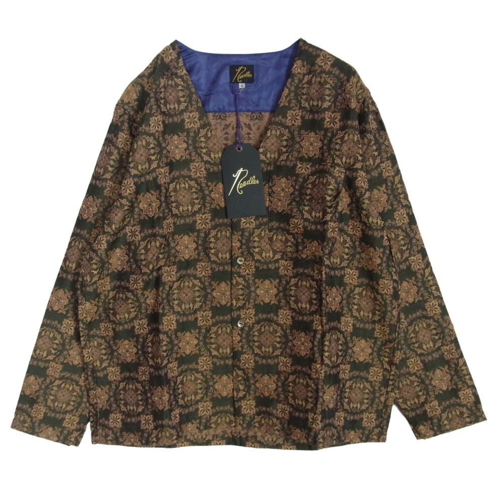 Needles ニードルス NS205 V Neck Shirt R PE W Botanical Jq ボタニカルジャカード Vネック シャツ カーディガン ライトブラウン系 S【中古】