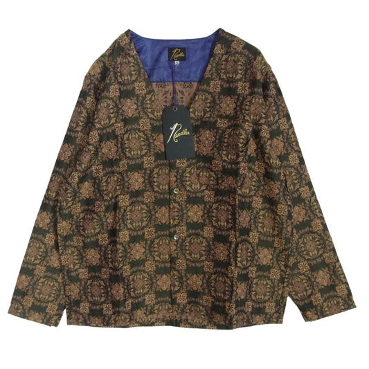 Needles ニードルス NS205 V Neck Shirt R PE W Botanical Jq ボタニカルジャカード Vネック シャツ カーディガン ライトブラウン系 S【中古】