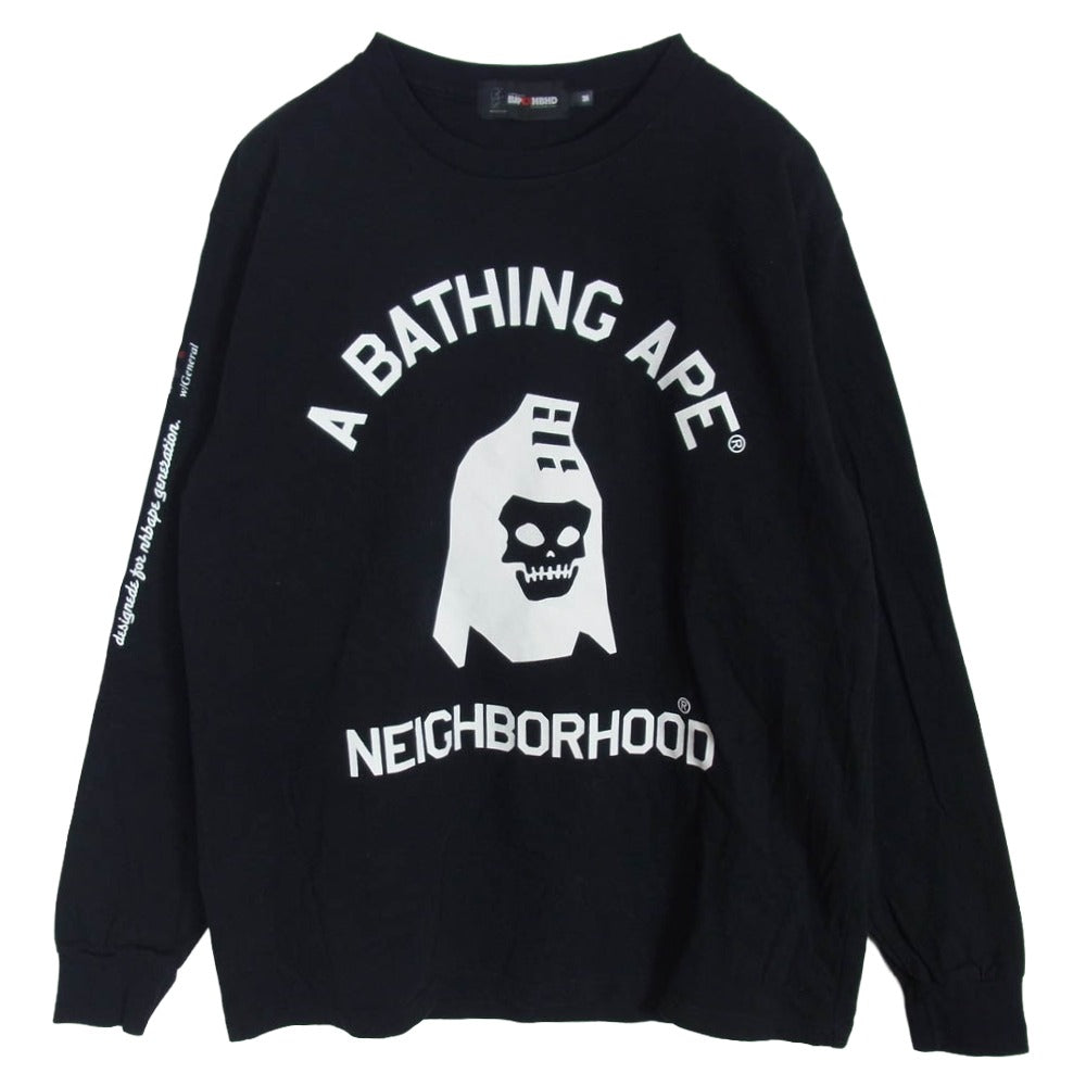 A BATHING APE アベイシングエイプ 001LTK731904C × neighborhood ネイバーフッド L/S TEE プリント 長袖 Tシャツ ブラック系 M【中古】