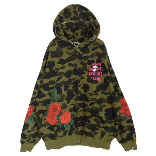 A BATHING APE アベイシングエイプ 001ZPK731903C × ANTI SOCIAL SOCIAL CLUB アンチソーシャルソーシャルクラブ BAPE X ASSC FULL ZIP HOODIE フルジップ スウェット パーカー カーキ系 M【中古】