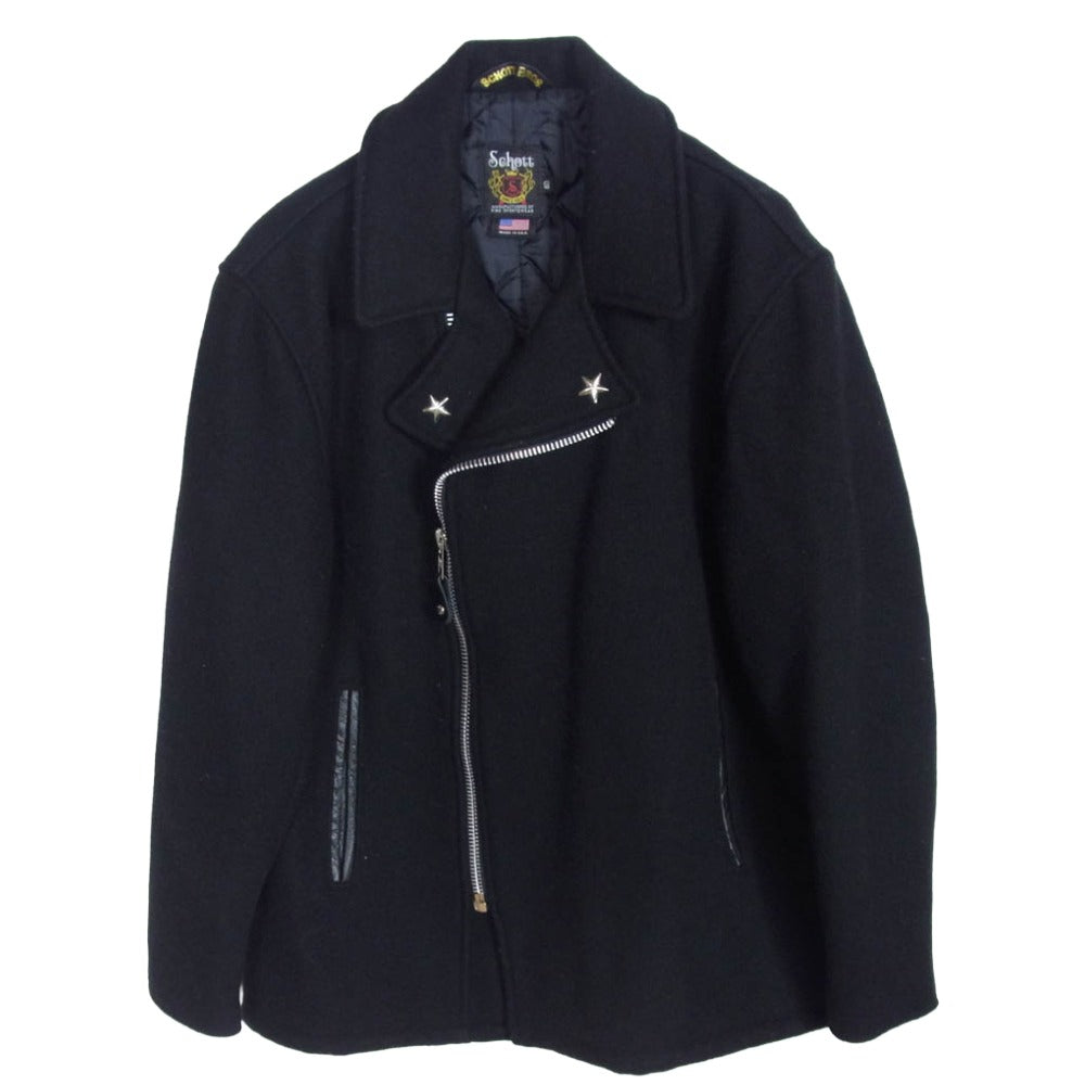 schott ショット 766US MELTON ZIP UP P-COAT ワンスター ダブルライダース型 キルティングライナー付 メルトン ジップアップ ピーコート ブラック系 40【中古】