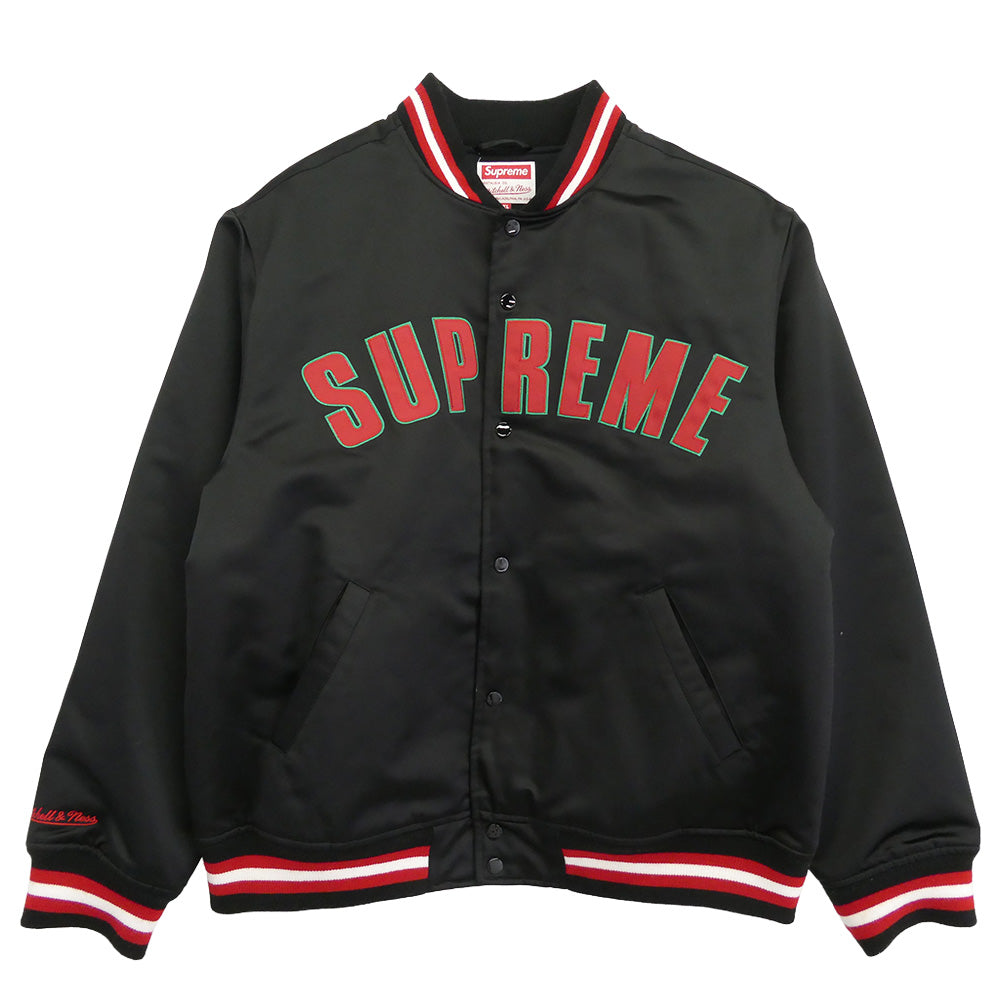 Supreme シュプリーム 21SS × Mitchell&Ness ミッチェル&ネス Satin Varsity Jacket サテン バーシティ ジャケット スタジャン ブラック系 XL【中古】