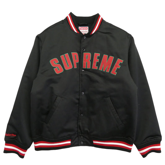 Supreme シュプリーム 21SS × Mitchell&Ness ミッチェル&ネス Satin Varsity Jacket サテン バーシティ ジャケット スタジャン ブラック系 XL【中古】