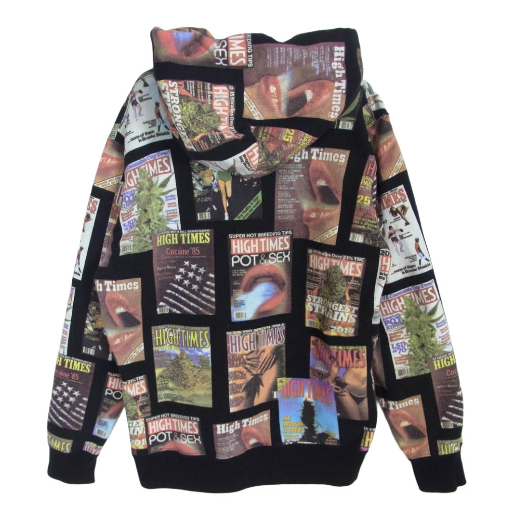 WACKO MARIA ワコマリア 18SS × HIGH TIMES ハイタイムズ HEAVY WEIGHT PULLOVER HOODED SWEAT SHIRTS 総柄 ヘビーウェイト フーデッドパーカー プルオーバーパーカー ブラック系 M【中古】