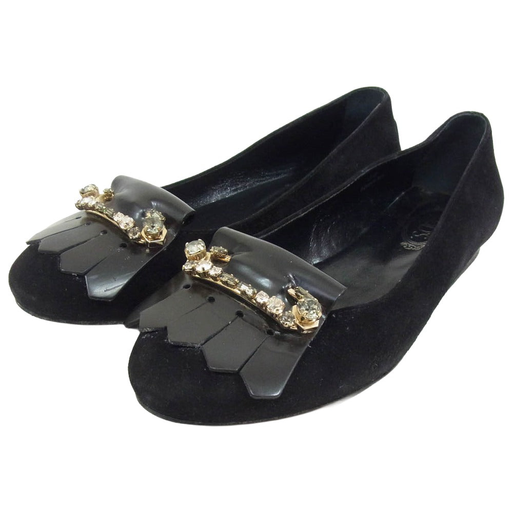 TOD’S トッズ ビジュー タッセル バレリーナ シューズ パンプス ブラック系 36【中古】