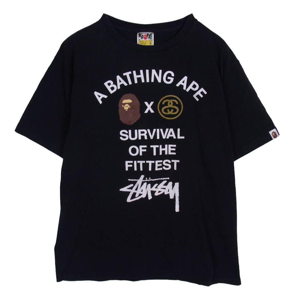 A BATHING APE アベイシングエイプ × STUSSY ステューシー SURVIVAL OF THE FITTED Ｔシャツ ブラック系 L【中古】