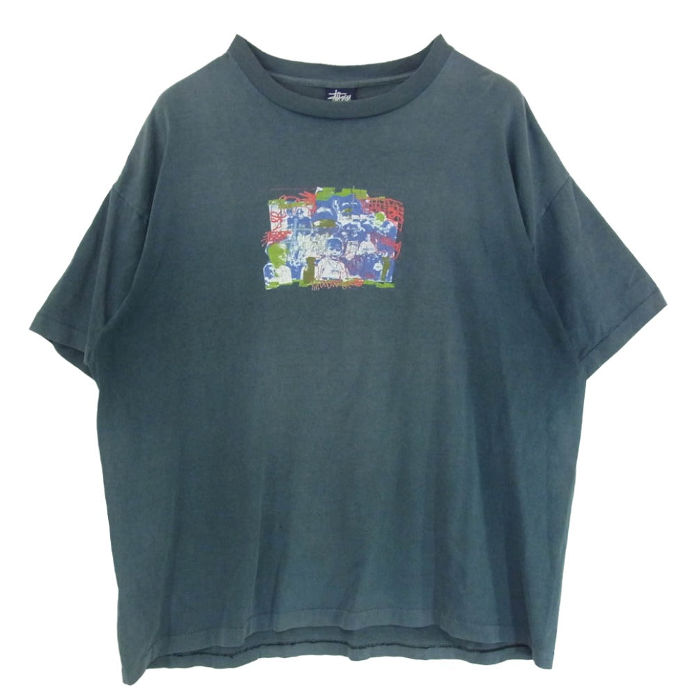 STUSSY ステューシー × futura フューチュラ 90s OLD USA製 オールド 紺タグ 袖裾シングルステッチ クルーネック グラフィックプリント 半袖 Tシャツ ブルー系 XXL【中古】