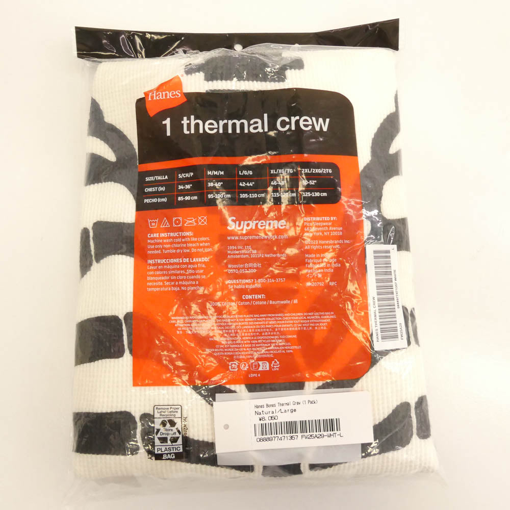 Supreme シュプリーム 25AW × HANES ヘインズ Bones Thermal Crew ボーンプリント サーマル クルーネック 長袖カットソー ホワイト ホワイト系 L【極上美品】【中古】