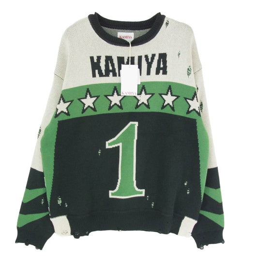 カミヤ 25AW G15P0066-0 Racing Jqd Sweater ダメージ加工 レーシング コットン ジャガード ニット グリーン系 S【新古品】【未使用】【中古】