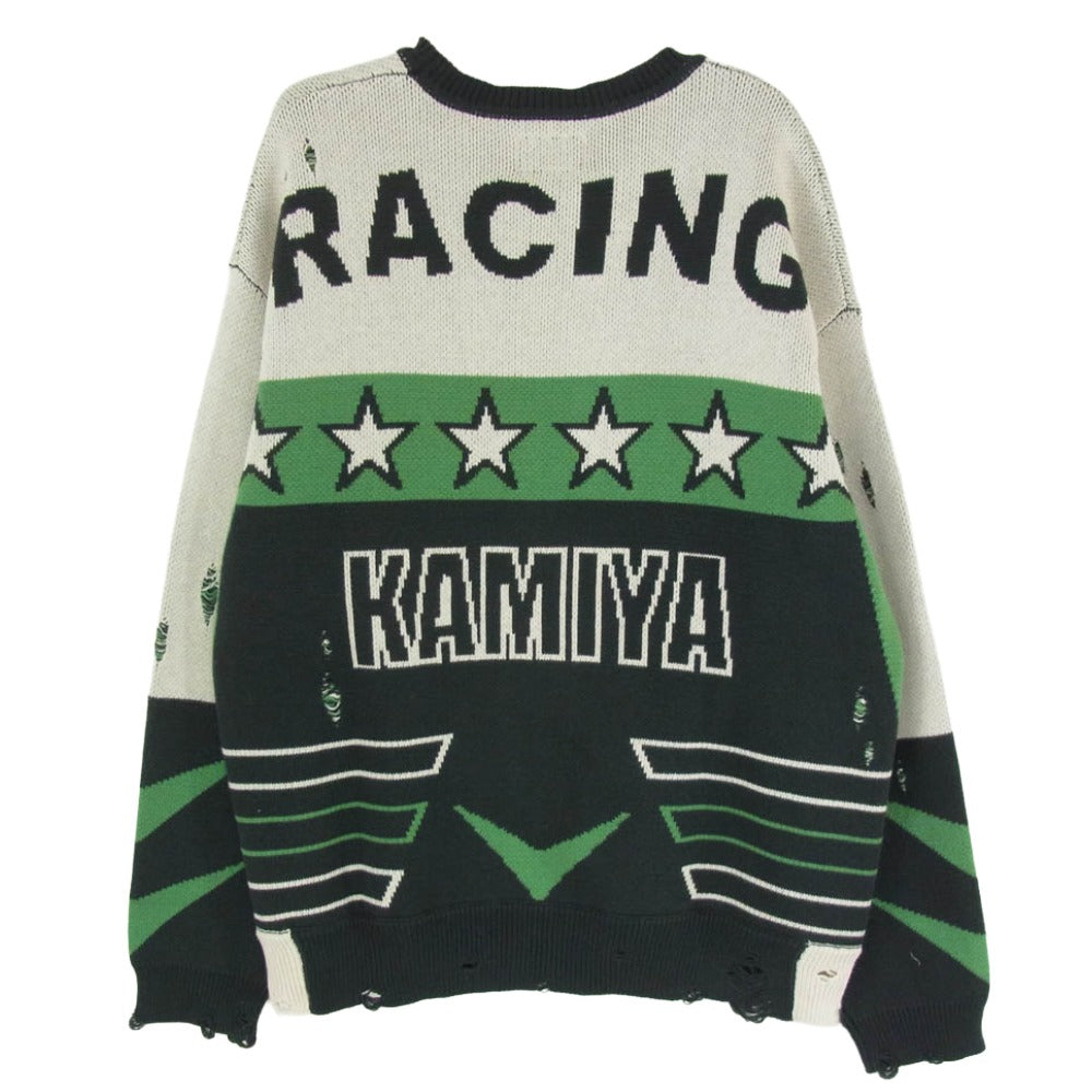 カミヤ 25AW G15P0066-0 Racing Jqd Sweater ダメージ加工 レーシング コットン ジャガード ニット グリーン系 S【新古品】【未使用】【中古】