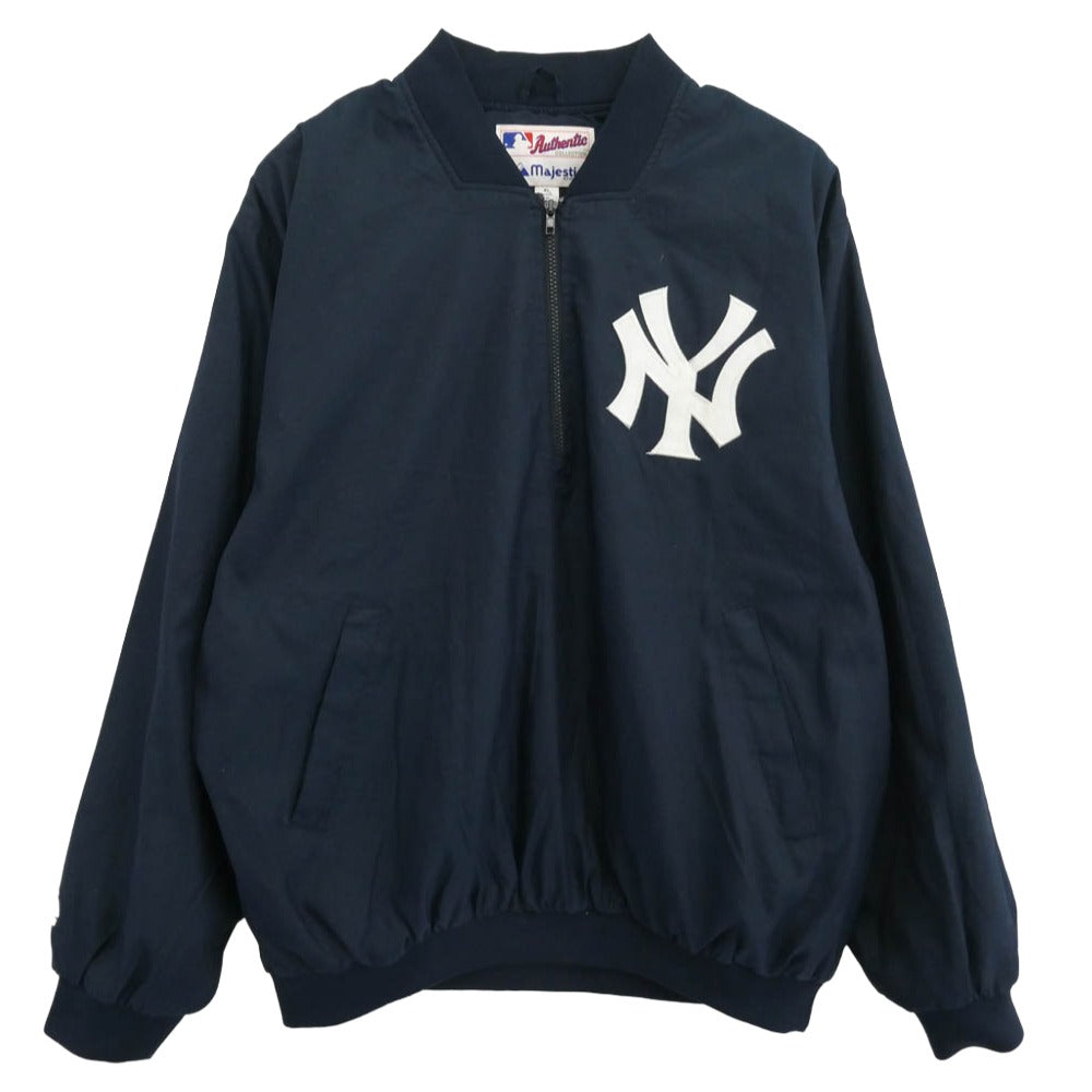 マジェスティック 90’s MLB NY YANKEES ヤンキース ナイロン ハーフジップ プルオーバー ジャケット ネイビー系 XL【中古】
