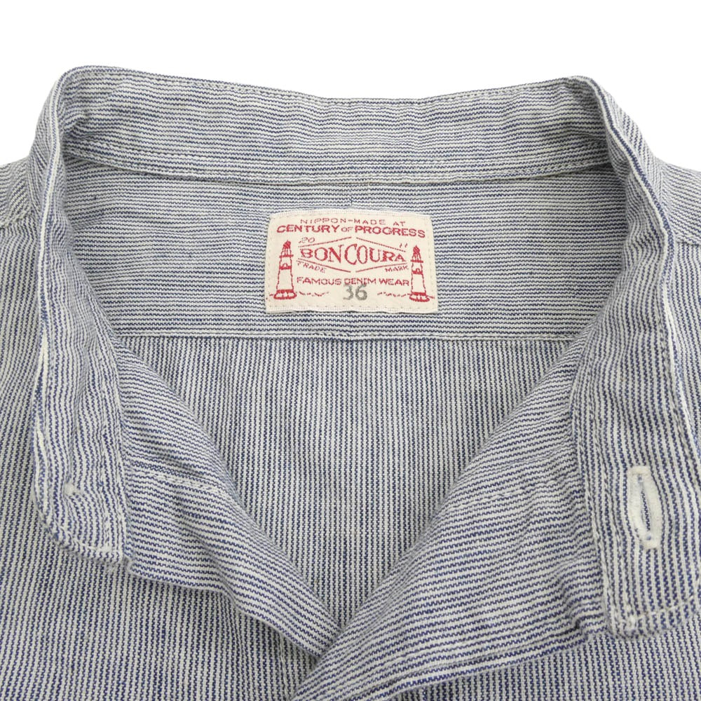 BONCOURA ボンクラ バンド カラー ヒッコリー ストライプ 長袖 シャツ オフホワイト系 ネイビー系 36【中古】