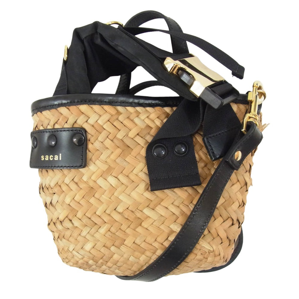 Sacai サカイ 20SS woven style logo patch bucket bag ロゴレザーパッチ かごバッグ 2WAY マルシェ バッグ ブラック系【中古】