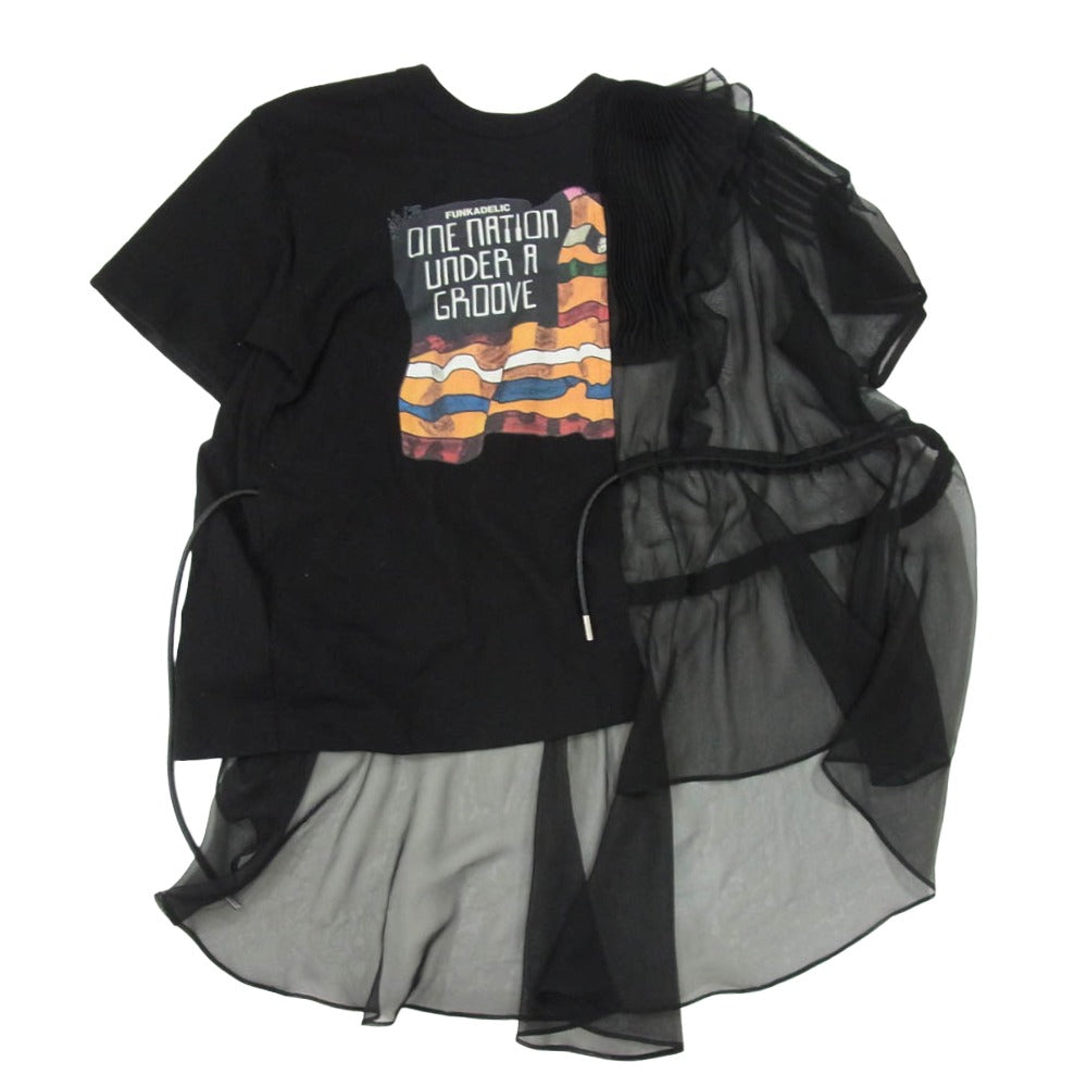 Sacai サカイ 20-05043 プリーツ加工 シフォン ドッキング 半袖 クルーネック Tシャツ ブラック系 2【中古】