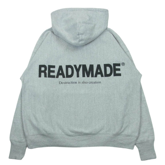 READY MADE レディメイド 23AW RE-CO-GY-00-00-245 Destruction is aiso creation smile hoodie スマイル刺繍 バックロゴ プリント フーディ パーカー グレー系 XL【中古】