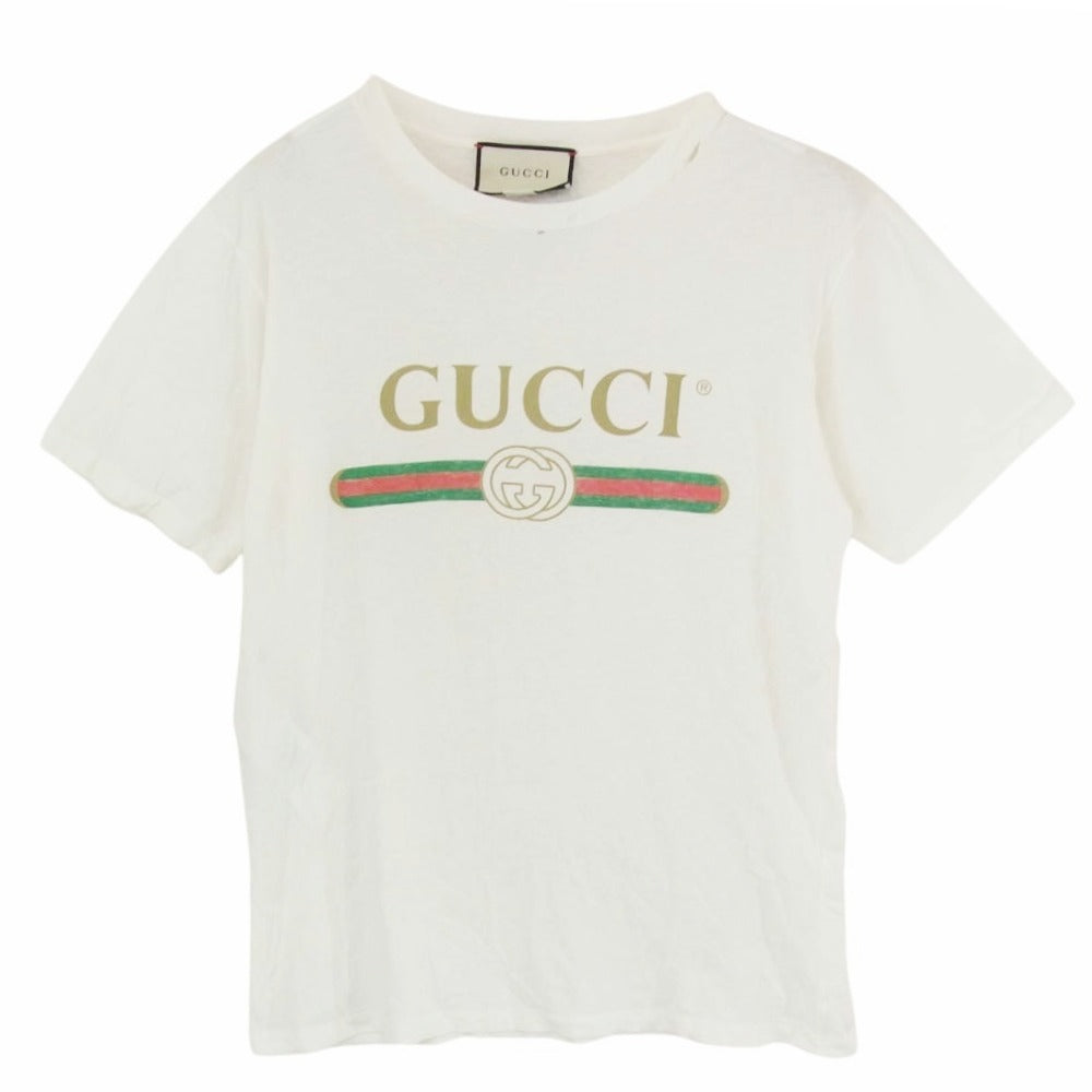 GUCCI グッチ 457095 X5L89 ヴィンテージロゴ フラワー刺繍 ダメージ加工 半袖 Tシャツ ホワイト系 XS【中古】