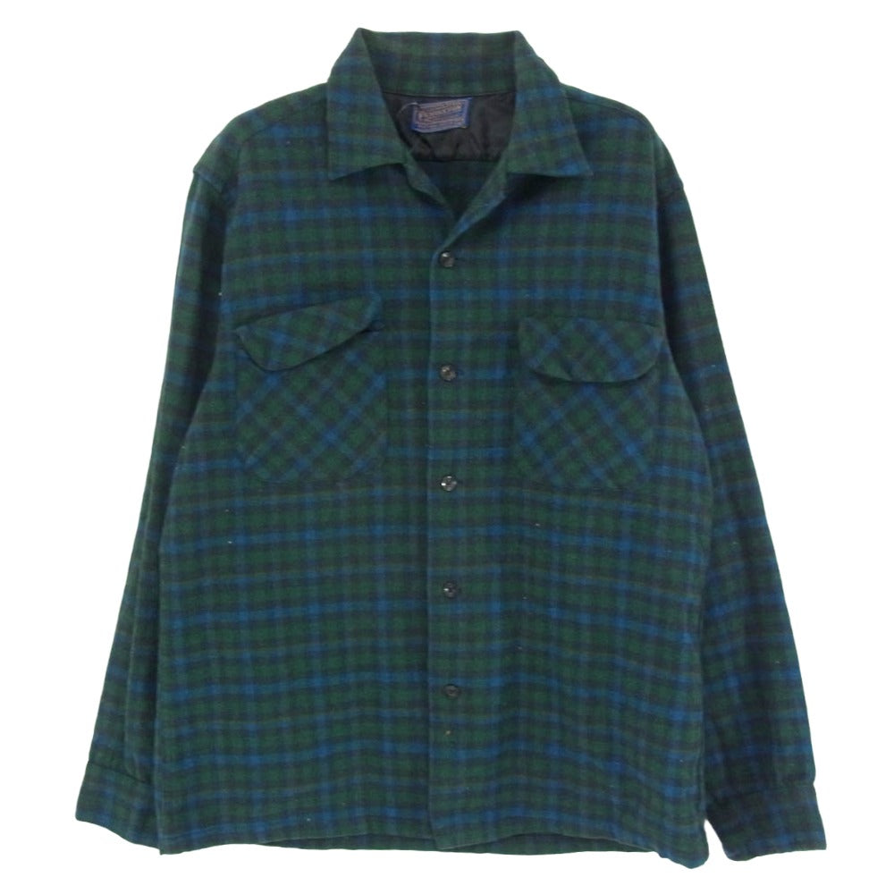 ヴィンテージ 50s USA製 ウール チェック 長袖 シャツ ネイビー系 M【中古】