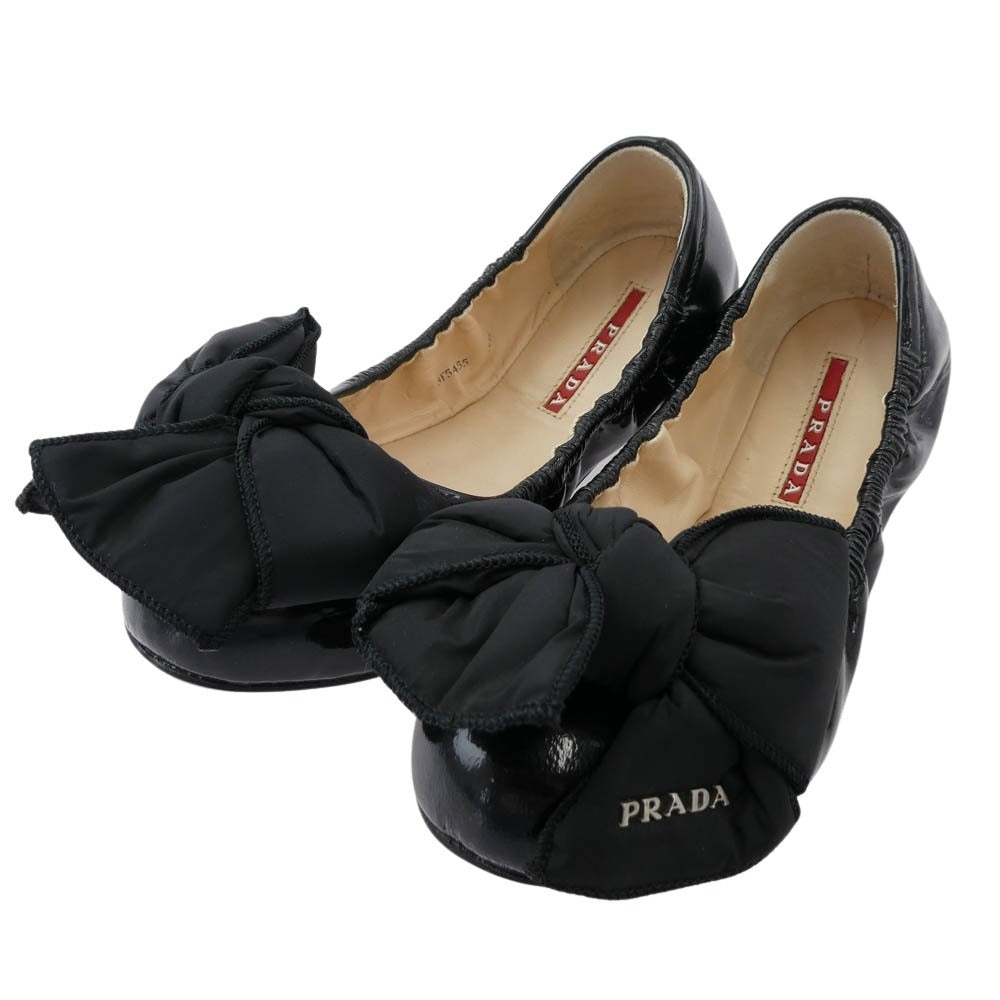PRADA プラダ 3F5455 ロゴパファーリボン パンプス バレエ シューズ ブラック系 35.5【中古】