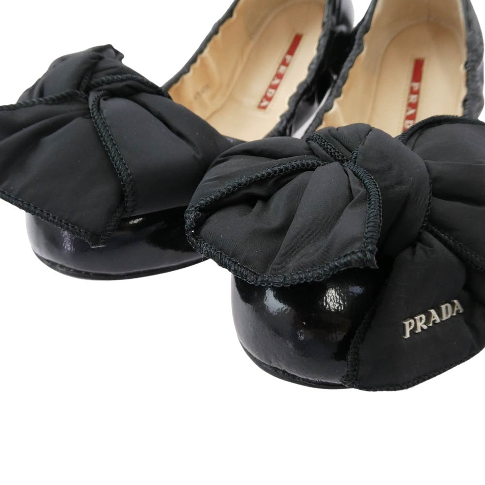 PRADA プラダ 3F5455 ロゴパファーリボン パンプス バレエ シューズ ブラック系 35.5【中古】
