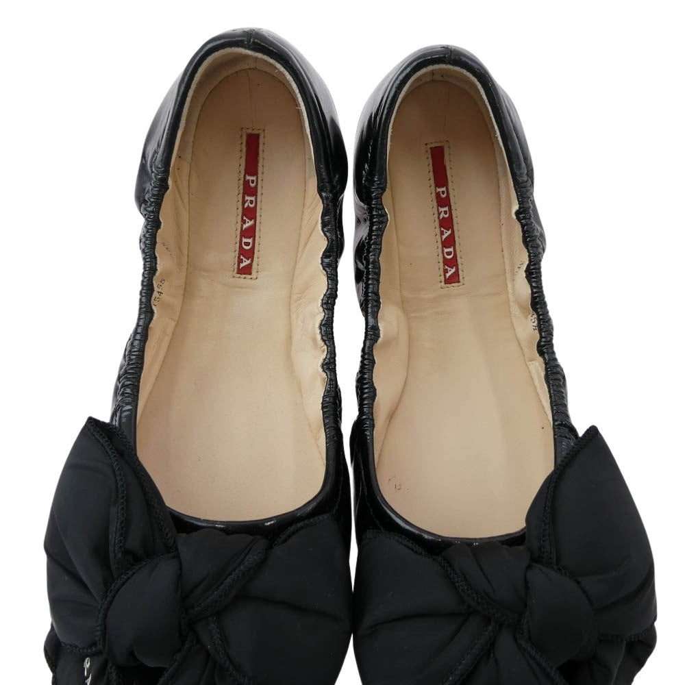 PRADA プラダ 3F5455 ロゴパファーリボン パンプス バレエ シューズ ブラック系 35.5【中古】