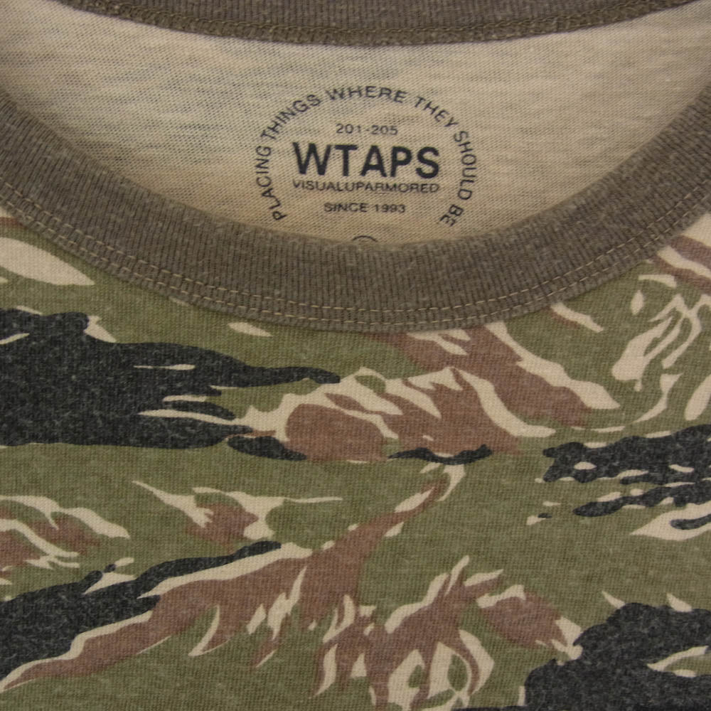 WTAPS ダブルタップス 12SS 121ATDT-CSM01S RINGER TEE .COTTON.CAMO タイガーストライプカモ ランニング Tシャツ 半袖カットソー カーキ系 2【中古】