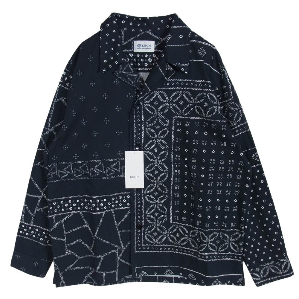 KUON クオン 115SH010200 Kanoko Shibori Printed Bandanna Shirket 観光絞り プリント バンダナ 長袖 シャツ ブラック系 M【極上美品】【中古】