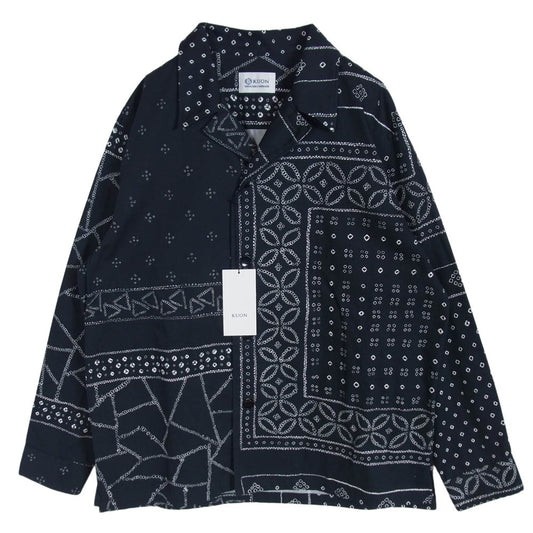 KUON クオン 115SH010200 Kanoko Shibori Printed Bandanna Shirket 観光絞り プリント バンダナ 長袖 シャツ ブラック系 M【極上美品】【中古】