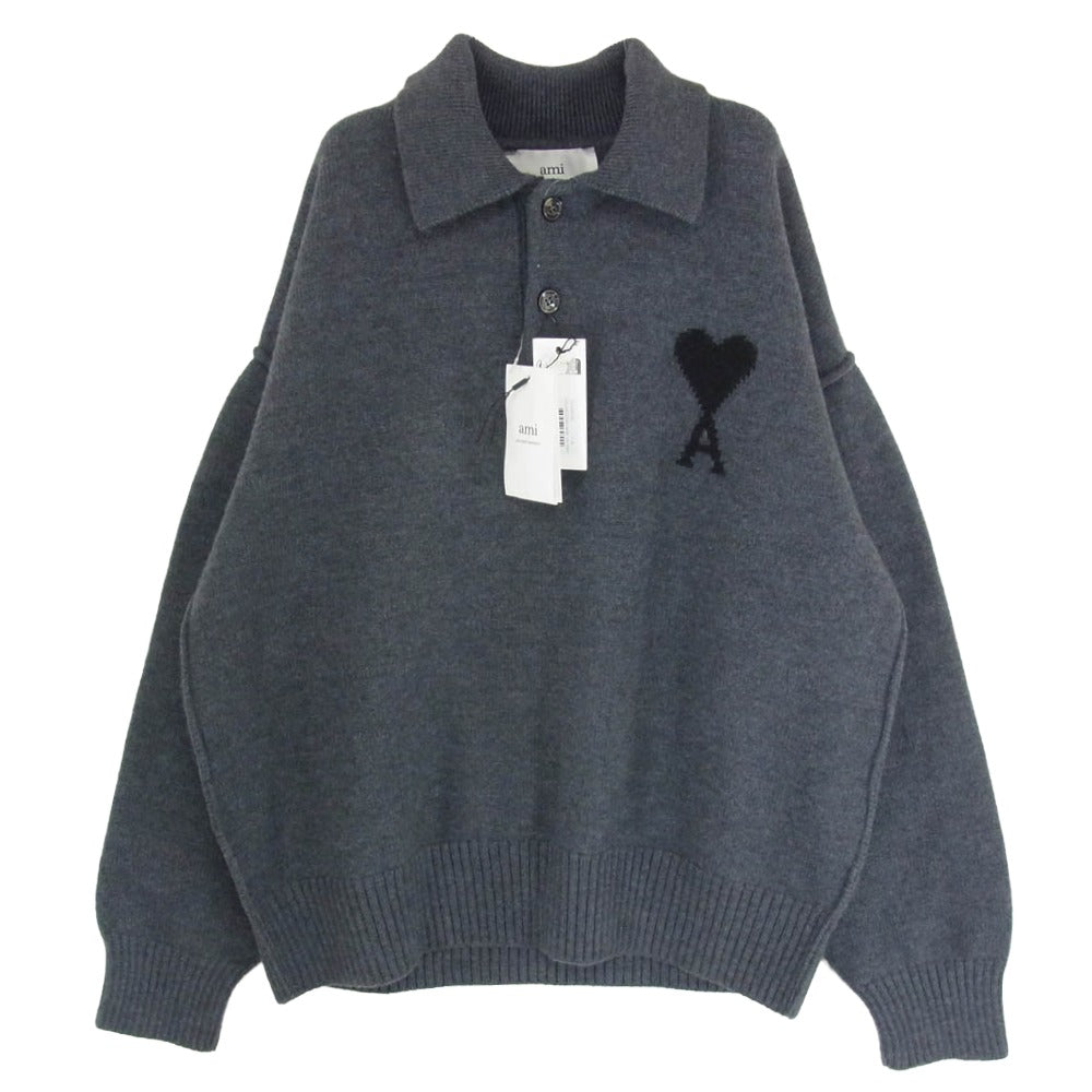 AMI PARIS アミパリス UPL409.018 Ami De Coeur メリノウールフェルト ニット ポロシャツ グレー系 M【中古】