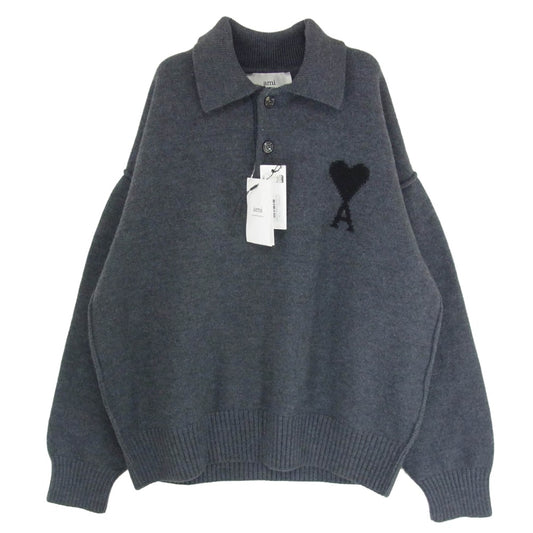 AMI PARIS アミパリス UPL409.018 Ami De Coeur メリノウールフェルト ニット ポロシャツ グレー系 M【中古】