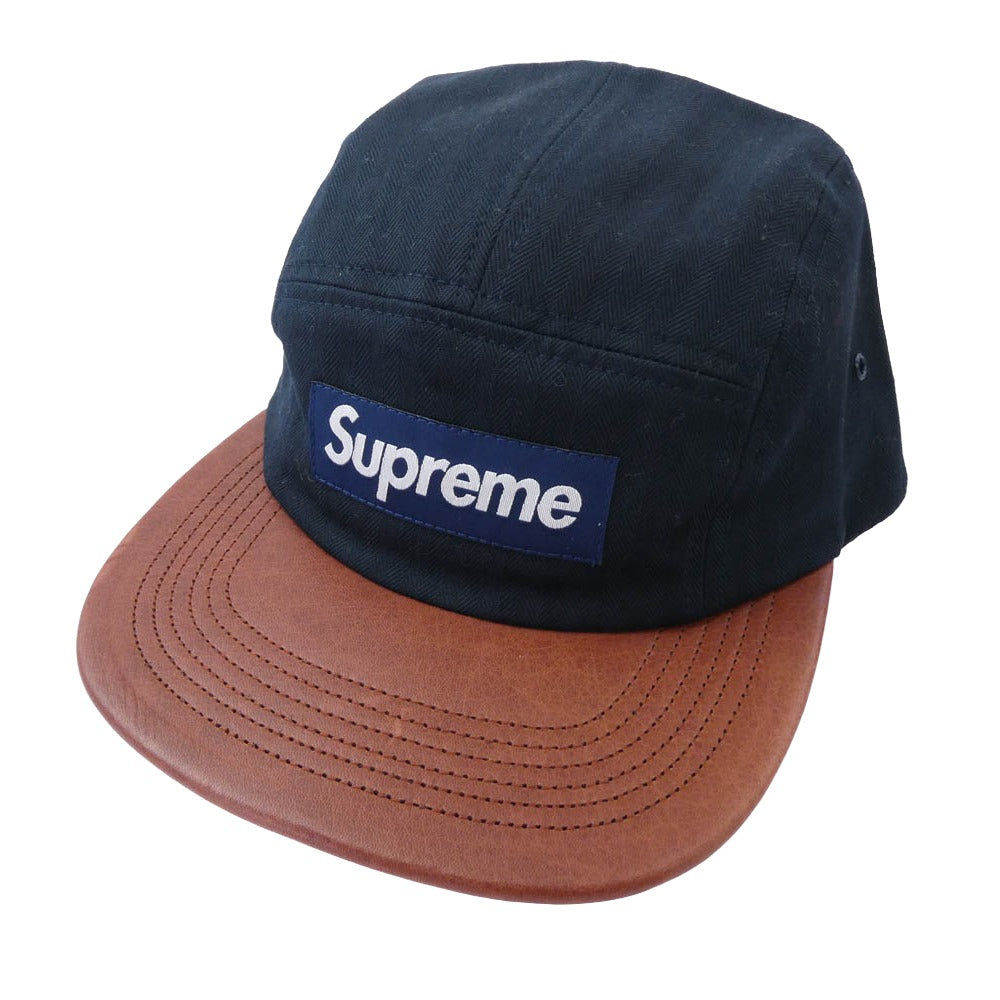 Supreme シュプリーム 12SS Herringbone leather Camp Cap ヘリンボーン レザー バイザー キャンプ キャップ ネイビー系 ブラウン系【美品】【中古】