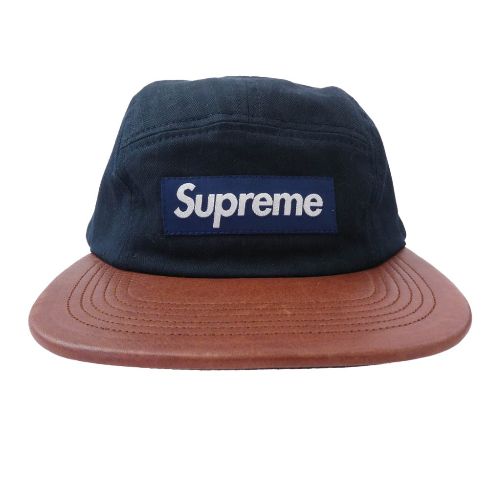 Supreme シュプリーム 12SS Herringbone leather Camp Cap ヘリンボーン レザー バイザー キャンプ キャップ ネイビー系 ブラウン系【美品】【中古】