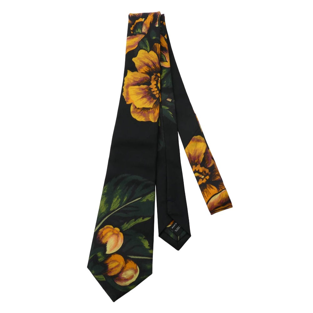 Yohji Yamamoto POUR HOMME ヨウジヤマモトプールオム シルク100％ フラワー総柄 ネクタイ ブラック系 オレンジ系【中古】