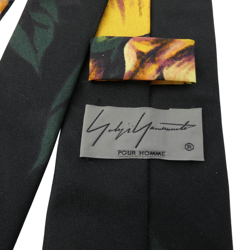 Yohji Yamamoto POUR HOMME ヨウジヤマモトプールオム シルク100％ フラワー総柄 ネクタイ ブラック系 オレンジ系【中古】