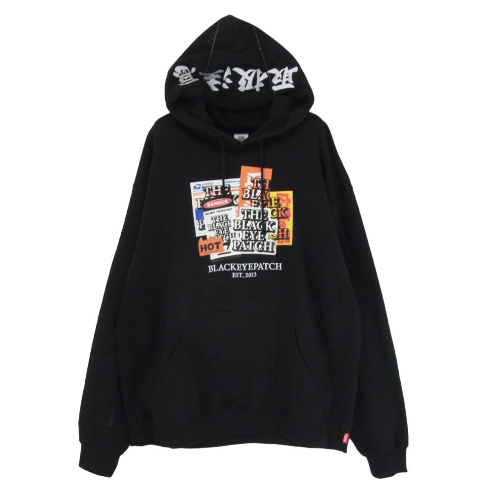 BlackEyePatch ブラックアイパッチ Label Pack HWC HOODIE ラベルデザイン ロゴ刺繍 取扱注意 プルオーバーパーカー ブラック系 XL【中古】