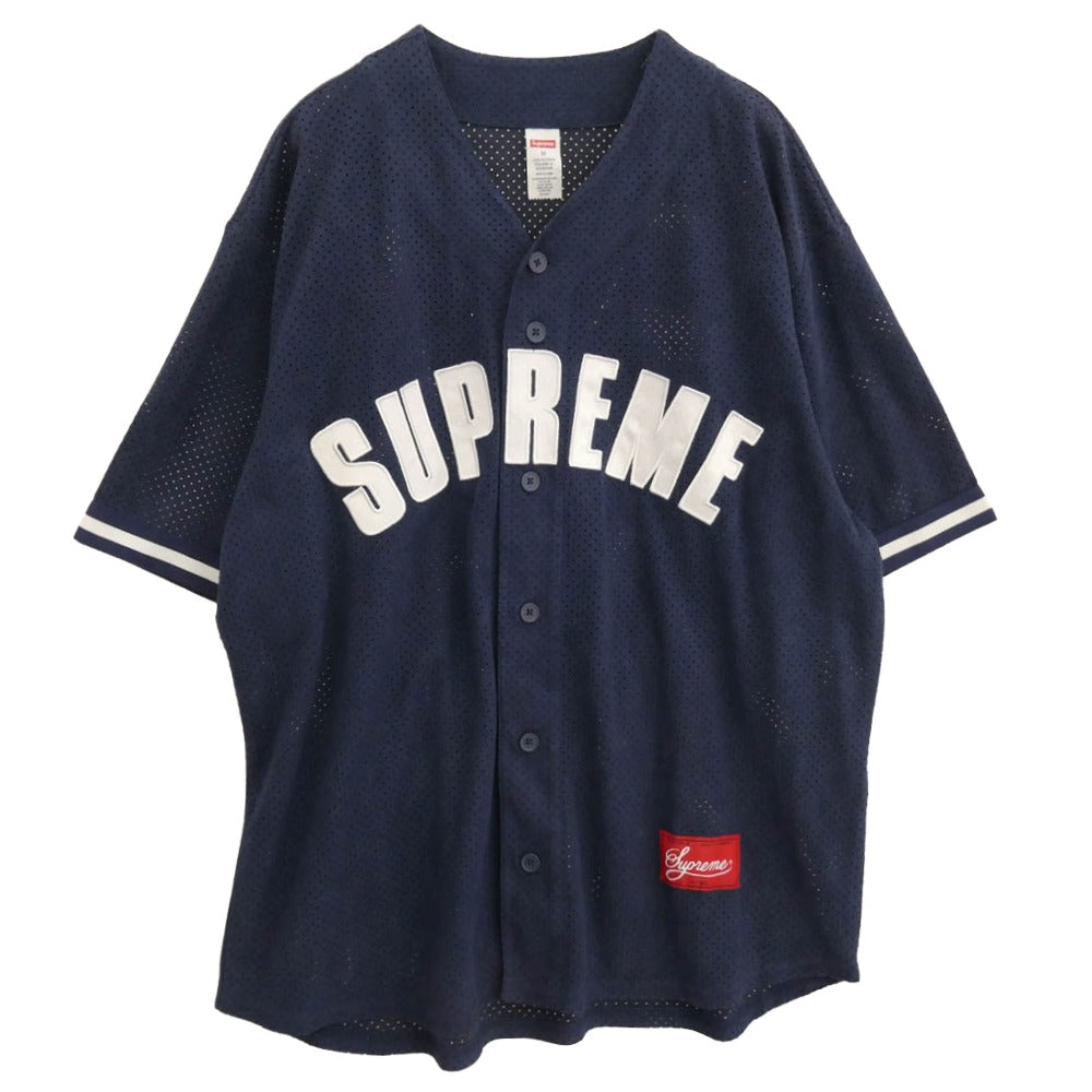 Supreme シュプリーム 24SS Ultrasuede Mesh Baseball Jersey ウルトラ スエード フロントロゴ メッシュ ベースボールシャツ 半袖 ネイビー系 M【中古】